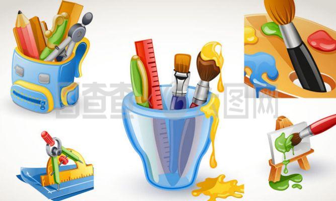 書(shū)包調(diào)色盤(pán)等學(xué)生卡通用品矢量素材